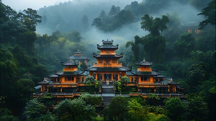 Serene countryside temple in Vietnam, nestled among ancient trees and dense foliage, early morning mist adding a mystical touch, traditional architecture with intricate details,