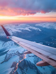 Wall Mural - Aerial view of mountain range with snow-capped peaks at sunrise sunset. Single airplane wing dominates foreground, providing scale, perspective. Perfect for travel agency, tours to Dolomites in Italy.