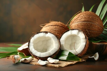 Wall Mural - Fresh coconuts on desk space over beach side background.