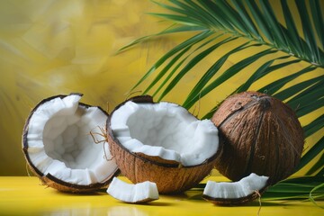 Wall Mural - World coconut day. Fresh coconut with palm leaves on yellow table background.