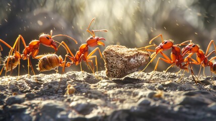 Wall Mural - Ants working together to transport a large piece of food across the ground.