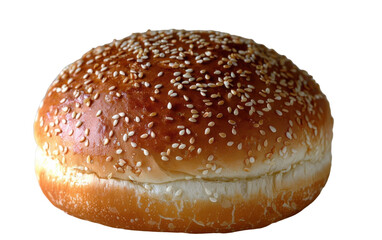 A golden brown sesame seed bun sits on a white background