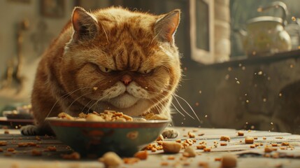 Close-up of a chubby cat eating from a bowl, with food crumbs on its fur.