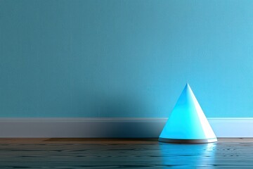 Sticker - Glowing Blue Pastel Light in a Geometric Shape on Wooden Floor Against Blue Wall