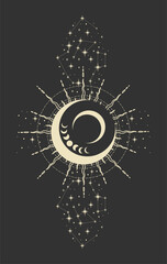 Wall Mural - mystical drawing of the moon, tarot cards, boho illustration, magic card. vector hand drawing