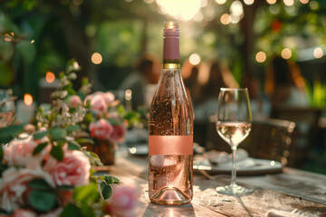 Wall Mural - Bottle of pink wine with glasses on background of holiday garden party, wedding or Valentine.