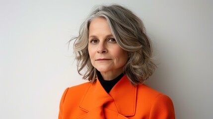 Stunning portrait of a s midaged woman gazing confidently at the camera against a white backdrop.