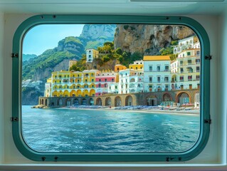 panoramic view of amalfi coast italy from ferry boat deck. colorful buildings with yellow red and bl