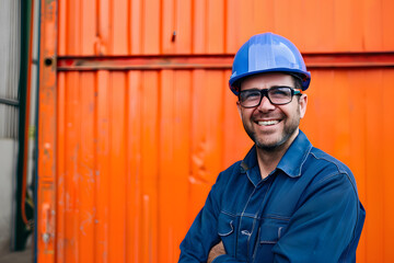 Wall Mural - Positive confident adult male workman in blue protective hardhat and eyeglasses smiling friendly while standing against bright orange wall of workshop