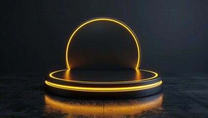 Sticker - Black Background with Glowing Yellow Lines on Round Platform for Futuristic Design