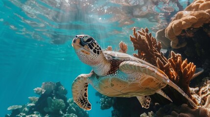 Wall Mural - Close-up of a sea turtle gracefully swimming among coral formations in the ocean.