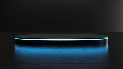 Sticker - Futuristic Black Platform with Glowing Blue Light on Dark Background