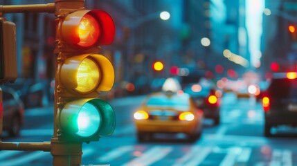 Poster - Close-up of a traffic light changing from green to yellow at an intersection with blurred cars in motion.