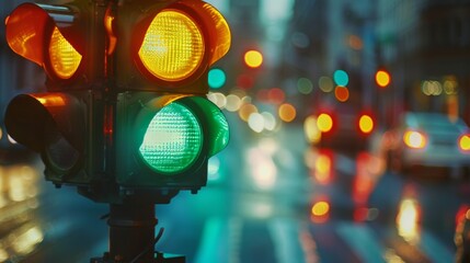 Poster - Close-up of a traffic light changing from green to yellow at an intersection with blurred cars in motion.