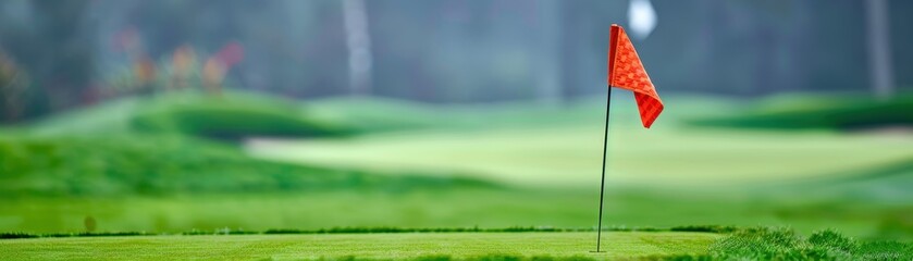 Wall Mural - A red flag is on a green golf course. The flag is on a tee, and the flagpole is in the foreground