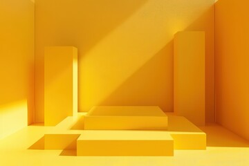 Sticker - 3D Render of Yellow Empty Cube Podium in Abstract Minimalist Setting with Shadows and Light