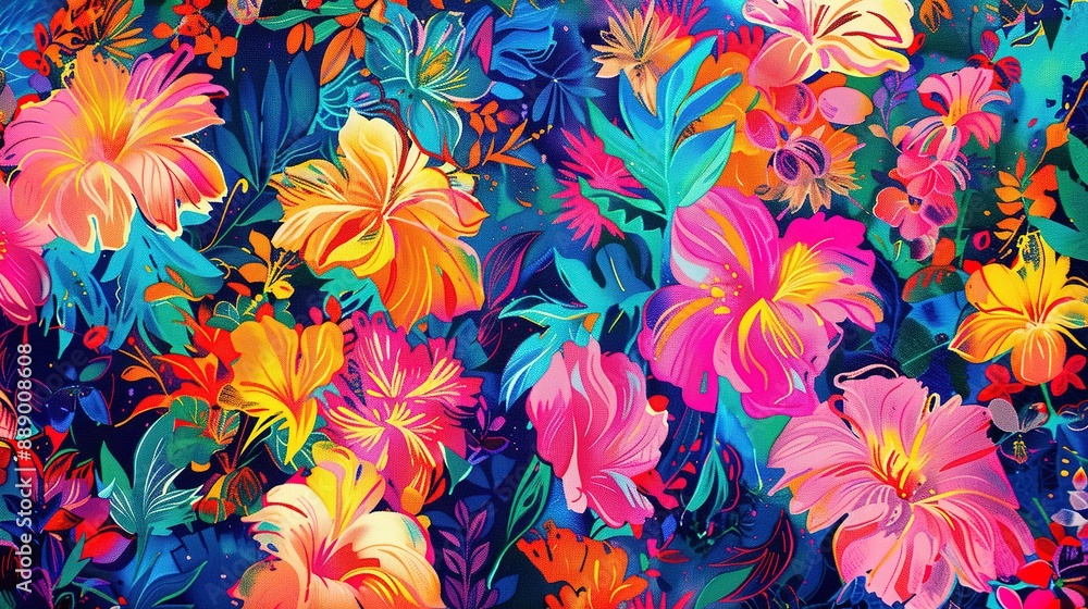Vibrant and colorful tropical flowers and leaves seamless pattern ...