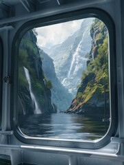 Wall Mural - Waterfall cascades down rocky cliffs from ferry window. Serene Norway fjord landscape with green plants and waterfalls. Perfect for travel agency and tours.