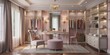 © Adisorn - Serene feminine dressing room features a minimalist pink canvas frame amidst luxurious decor, soft lighting, and elegant furnishings, exuding understated sophistication and refinement.