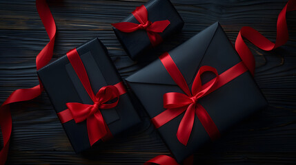 a dark wooden table with 2 black gifts with red ribbon and one black envelope