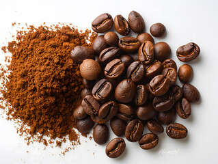 Heap of ground coffee and beans on white background, top view