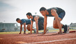 © DavisShared/peopleimages.com - Race, start and group of men on track at arena for speed challenge, marathon event and professional sports. Ready, set and people at stadium for competition, fitness and athlete in distance running