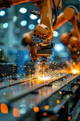 Wall Mural - Industrial Robotic Arm Welding in a Modern Factory with Sparks Flying