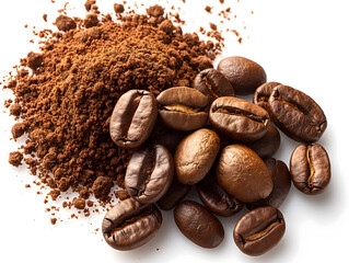 Heap of ground coffee and beans on white background, top view