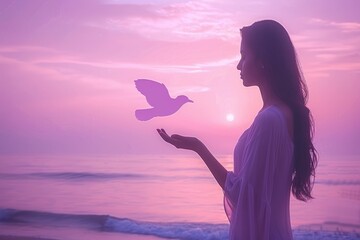 Wall Mural - bird flying from womans hand symbolizes freedom on womens day.