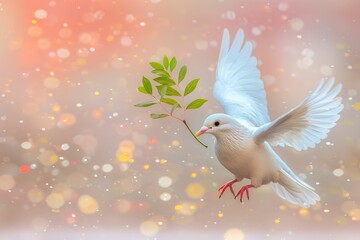 Wall Mural - peace symbolized by white dove with green branch flying.