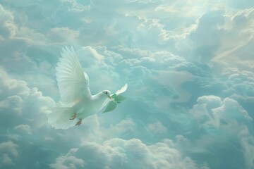 Wall Mural - peace symbolized by white dove with green branch flying.
