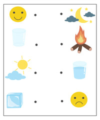  Opposite worksheet for kids, Opposite activity for kindergarten, Opposite printable (day and night, happy and sad, hot and cold, empty and full)