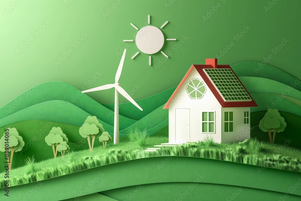 A house with solar panel and wind turbine green energy home, technology ...