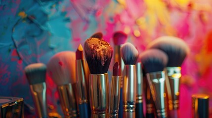 Wall Mural - Makeup artist s kit with various brushes and lipstick on colorful backdrop