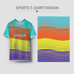 Wall Mural - T-shirt sport jersey design template with geometric halftone background. Sport uniform in front view. Shirt mock up for sport club. Vector Illustration