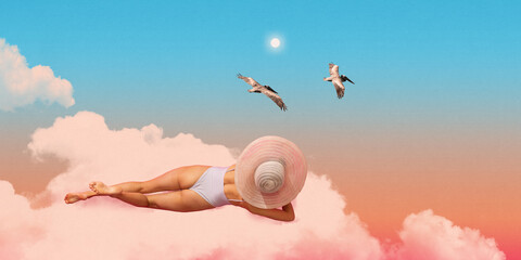 Elegant woman in white swimsuit and wide-brimmed hat lounges on pink clouds under blue sky, with two birds flying nearby. Contemporary art collage. Concept of summer, vacation, surrealism