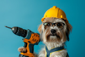 Portrait of funny dog holding a drill on color background. Happy Labor day.