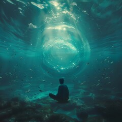 Wall Mural - A person sits at the bottom of a clear, still ocean with fish swimming around them, encapsulated in a bubble of silence and solitude