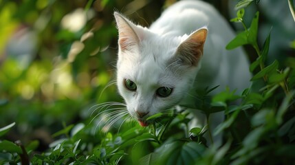 Wall Mural - The white cat is watching and stalking on the green ground