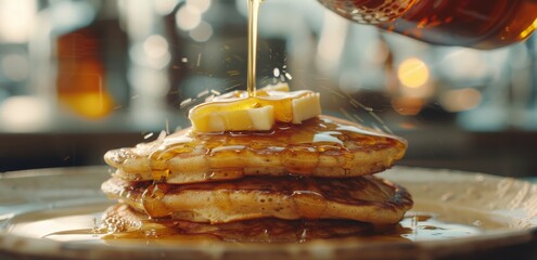 Wall Mural - Golden Brown Pancakes Drizzled With Syrup and a Pat of Butter