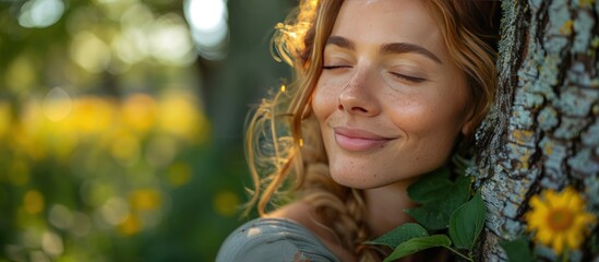 Wall Mural - Woman Leaning Against a Tree in a Field of Yellow Flowers