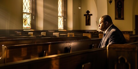 man praying in church pew for forgiveness