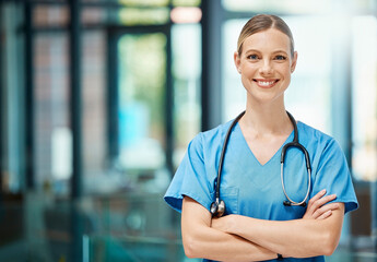 Poster - Portrait, woman and nurse with arms crossed, clinic and confident in space, stethoscope and proud. Wellness, healthcare and medical professional with smile, happy and ready for surgery in hospital