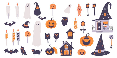 Wall Mural - Vector flat color cute Halloween elements isolated on white background