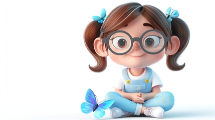 Canvas Print - A cartoon girl with brown hair and glasses sits cross-legged with a butterfly beside her.