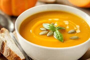 Wall Mural - Creamy Pumpkin Soup With Toasted Bread And Basil Garnish