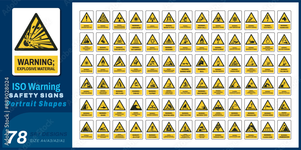 78 set iso warning safety signs v02 size a4,a3,a2,a1 Stock Vector ...