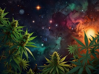 Wall Mural - Cannabis Flowers with a Cosmic Colorful Background