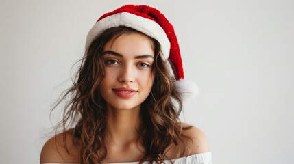 European woman in a Santa hat looking festive whit  299 christmas, woman, santa, hat, beauty, holiday, winter, xmas, claus, red, model, people, smile, celebration, december, face, smiling, person, san