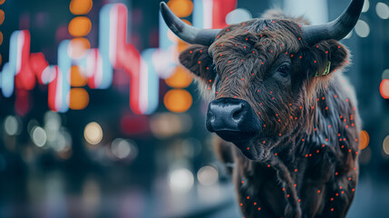 Wall Mural - Bull trading, symbolizing bullish trends in the stock market and cryptocurrency, with a blurred background.